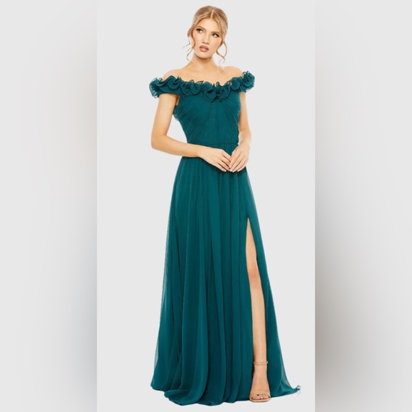 NWT Mac Duggal 11591 Teal Ruched Off The Shoulder A Line Gown Size 10 - Picture 4 of 14